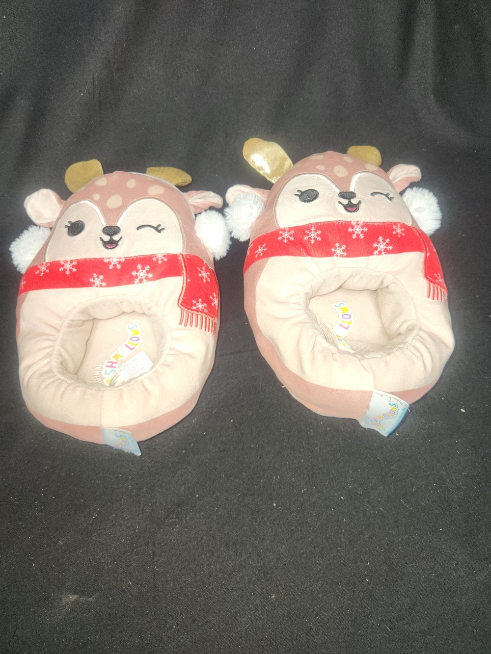 Squishmallows Plush Deer Slippers in Pink and Cream with Snowflake Accent